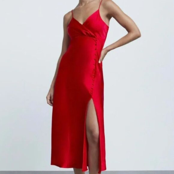 Zara red satin effect spaghetti strap midi slip dress slit buttons Size Medium - Picture 1 of 12